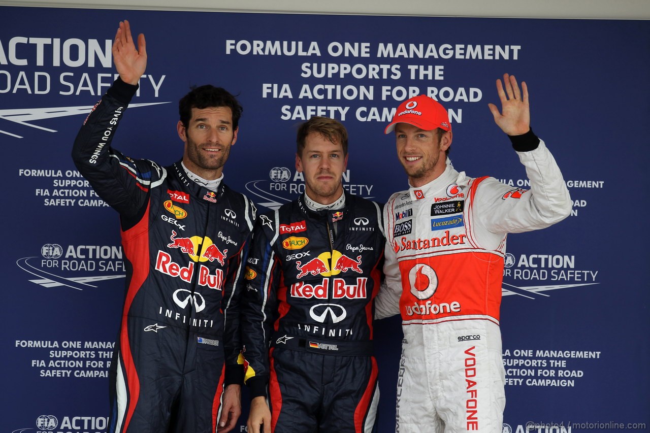 GP GIAPPONE, 06.10.2012- Qualifiche, secondo Mark Webber (AUS) Red Bull Racing RB8, Sebastian Vettel (GER) Red Bull Racing RB8 pole position e terzo Jenson Button (GBR) McLaren Mercedes MP4-27 