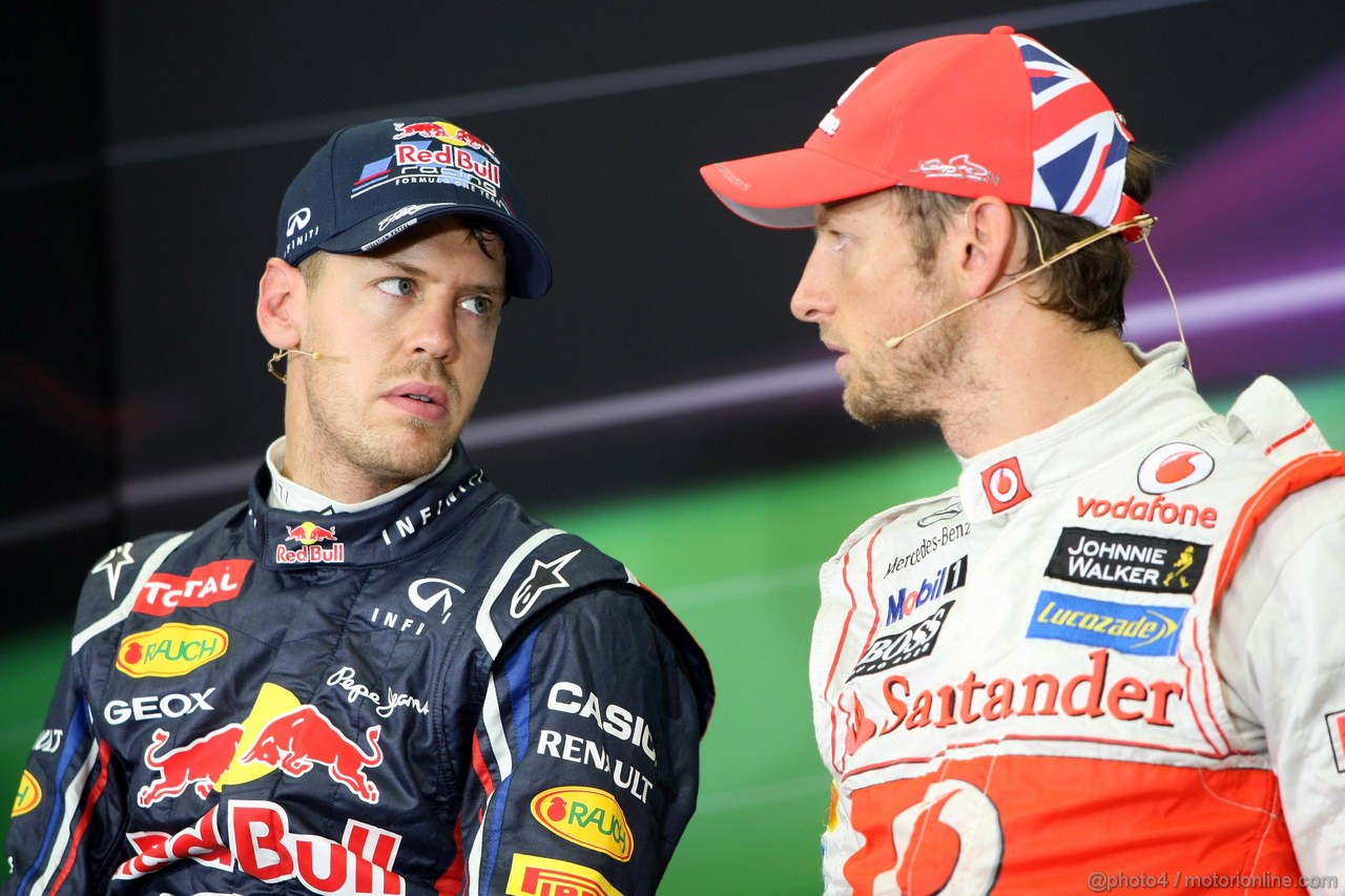 GP GIAPPONE, 06.10.2012- Qualifiche, Conferenza Stampa, Sebastian Vettel (GER) Red Bull Racing RB8 e Jenson Button (GBR) McLaren Mercedes MP4-27 