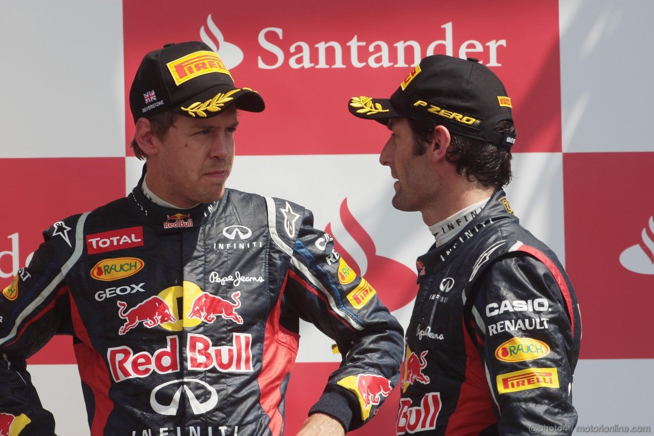 GP GRAN BRETAGNA, 08.07.2012- Gara, terzo Sebastian Vettel (GER) Red Bull Racing RB8 e Mark Webber (AUS) Red Bull Racing RB8 vincitore