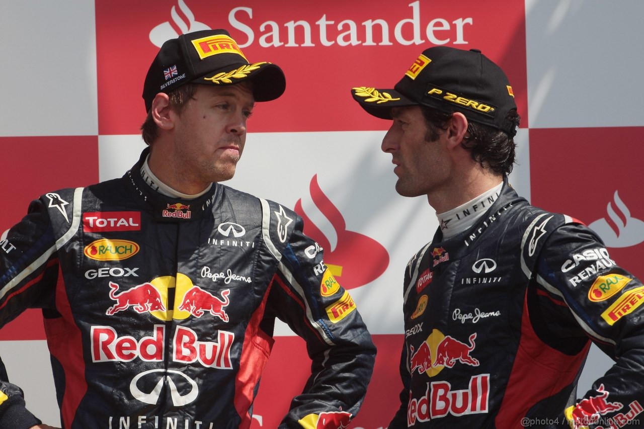 GP GRAN BRETAGNA, 08.07.2012- Gara, terzo Sebastian Vettel (GER) Red Bull Racing RB8 e Mark Webber (AUS) Red Bull Racing RB8 vincitore