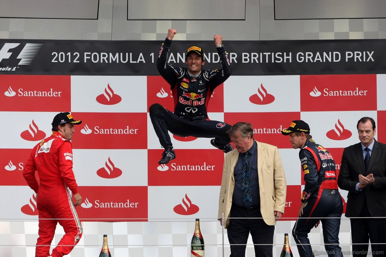 GP GRAN BRETAGNA, 08.07.2012- Gara, 1st position Mark Webber (AUS) Red Bull Racing RB8, secondo Fernando Alonso (ESP) Ferrari F2012 e terzo Sebastian Vettel (GER) Red Bull Racing RB8 