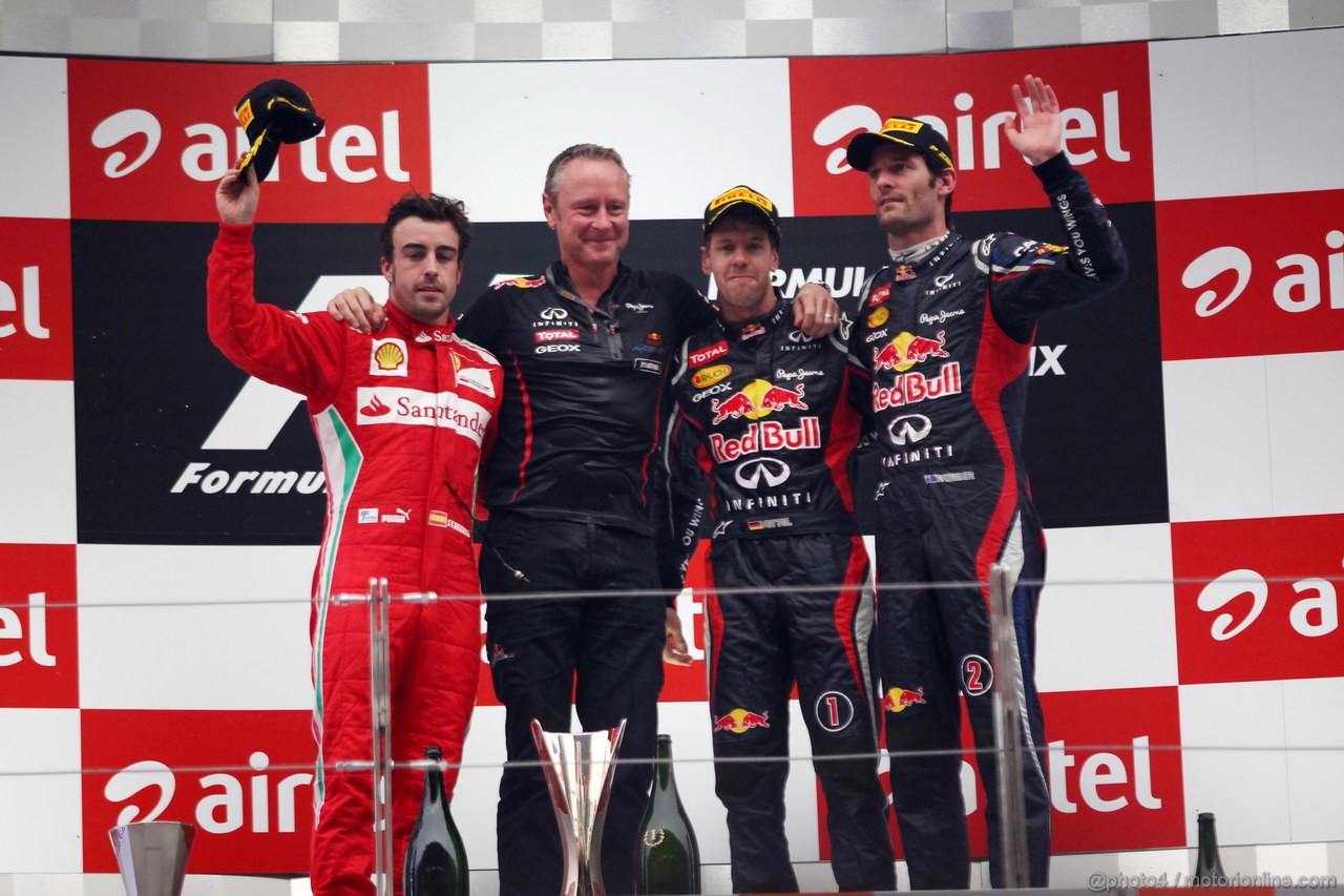 GP INDIA, 28.10.2012- Gara, secondo Fernando Alonso (ESP) Ferrari F2012, Sebastian Vettel (GER) Red Bull Racing RB8 pole position e terzo Mark Webber (AUS) Red Bull Racing RB8 