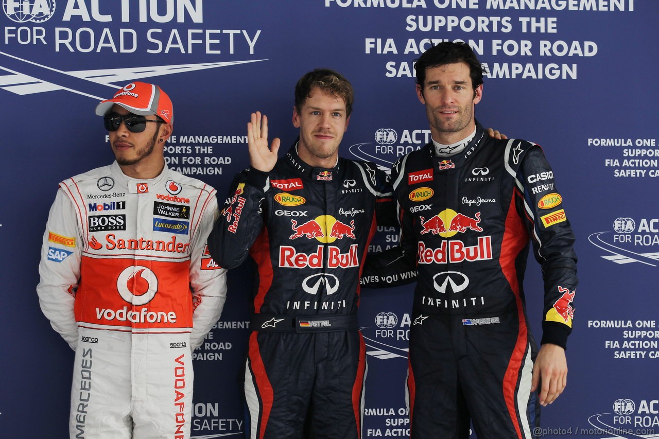 GP INDIA, 27.10.2012- Qualifiche, terzo Lewis Hamilton (GBR) McLaren Mercedes MP4-27, Sebastian Vettel (GER) Red Bull Racing RB8 pole position e secondo Mark Webber (AUS) Red Bull Racing RB8