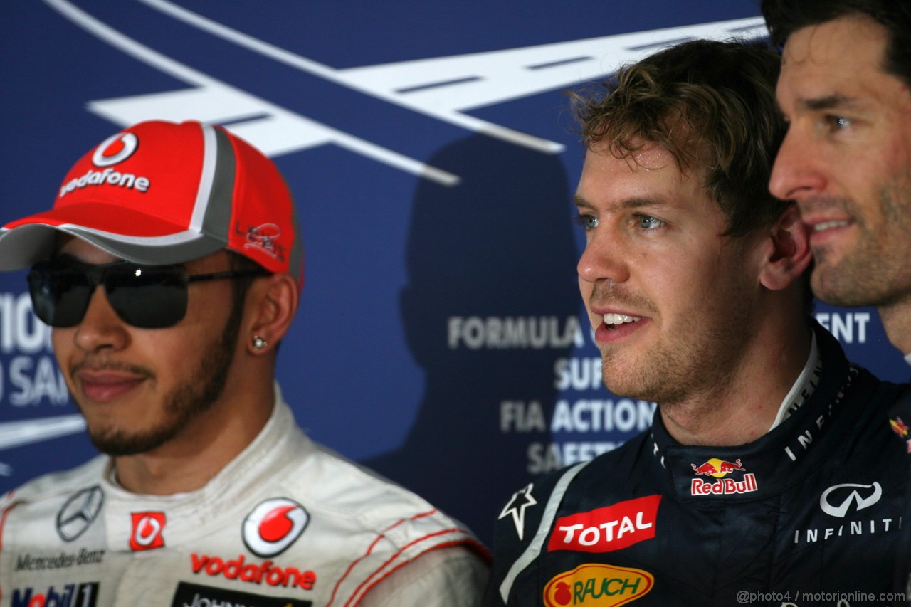 GP INDIA, 27.10.2012- Qualifiche, terzo Lewis Hamilton (GBR) McLaren Mercedes MP4-27, Sebastian Vettel (GER) Red Bull Racing RB8 pole position e secondo Mark Webber (AUS) Red Bull Racing RB8 