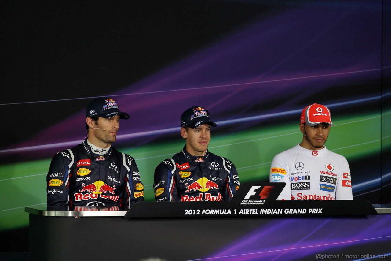 GP INDIA, 27.10.2012- Qualifiche, Conferenza Stampa, Mark Webber (AUS) Red Bull Racing RB8, Sebastian Vettel (GER) Red Bull Racing RB8 e Lewis Hamilton (GBR) McLaren Mercedes MP4-27