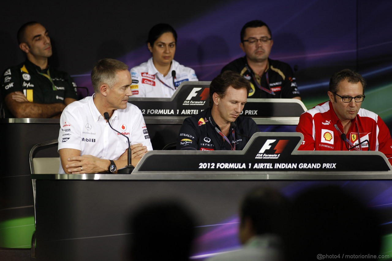 GP INDIA, 26.10.2012- Conferenza Stampa, Martin Whitmarsh (GBR), Chief Executive Officer Mclaren, Christian Horner (GBR), Red Bull Racing, Sporting Director e Stefano Domenicali (ITA), Team Principal 