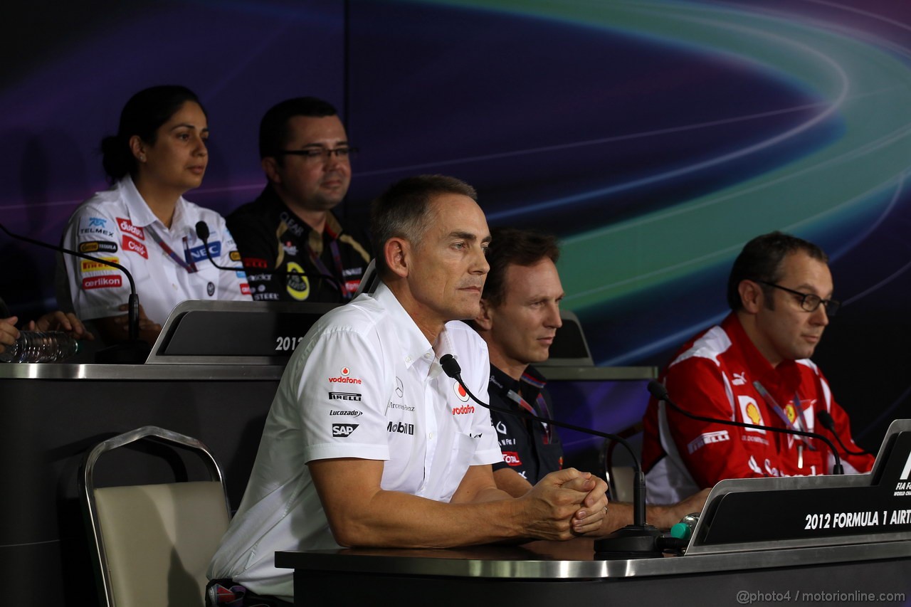 GP INDIA, 26.10.2012- Conferenza Stampa, Martin Whitmarsh (GBR), Chief Executive Officer Mclaren, Christian Horner (GBR), Red Bull Racing, Sporting Director e Stefano Domenicali (ITA), Team Principal, Monisha Kaltenborn (AUT), CEO e Team Principal, Sauber F1 Team e Eric Boullier (FRA), Team Manager, Lotus F1 Team 