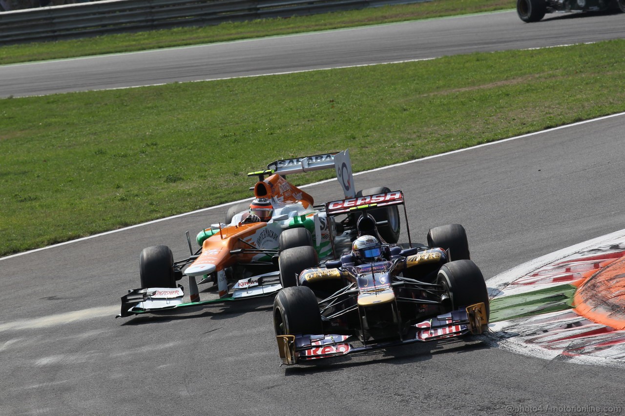 GP ITALIA, 09.09.2012- Gara,  Jean-Eric Vergne (FRA) Scuderia Toro Rosso STR7 e Nico Hulkenberg (GER) Sahara Force India F1 Team VJM05 