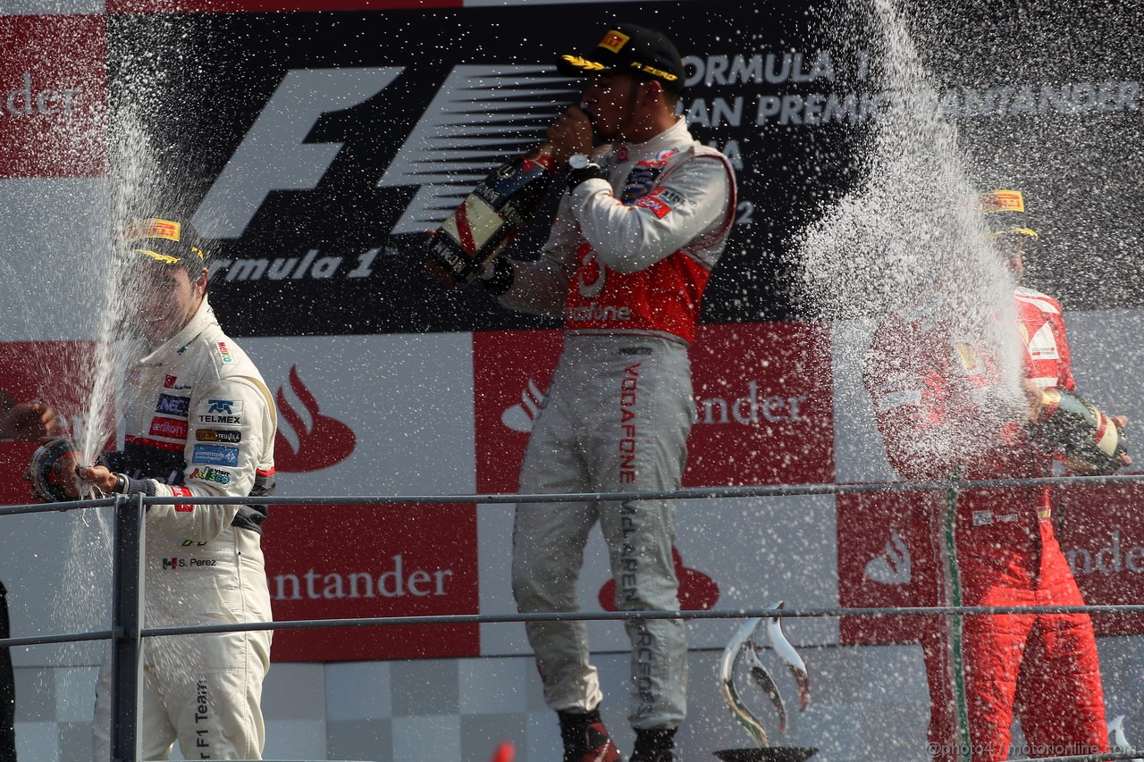 GP ITALIA, 09.09.2012- Gara,  secondo Sergio Prez (MEX) Sauber F1 Team C31, Lewis Hamilton (GBR) McLaren Mercedes MP4-27 pole position e terzo Fernando Alonso (ESP) Ferrari F2012