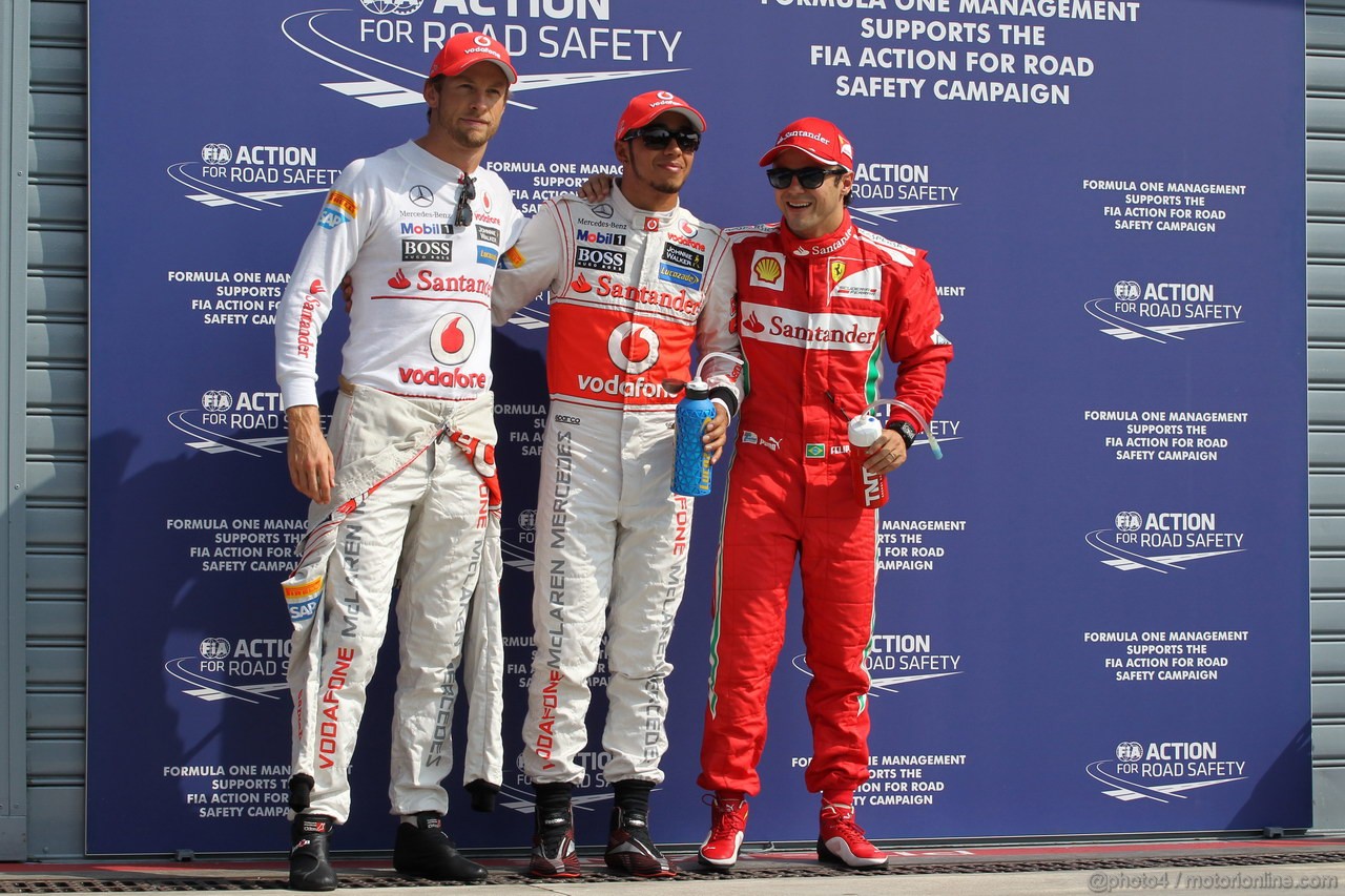 GP ITALIA, 08.09.2012- Qualifiche, secondo Jenson Button (GBR) McLaren Mercedes MP4-27, Lewis Hamilton (GBR) McLaren Mercedes MP4-27 pole position e terzo Felipe Massa (BRA) Ferrari F2012