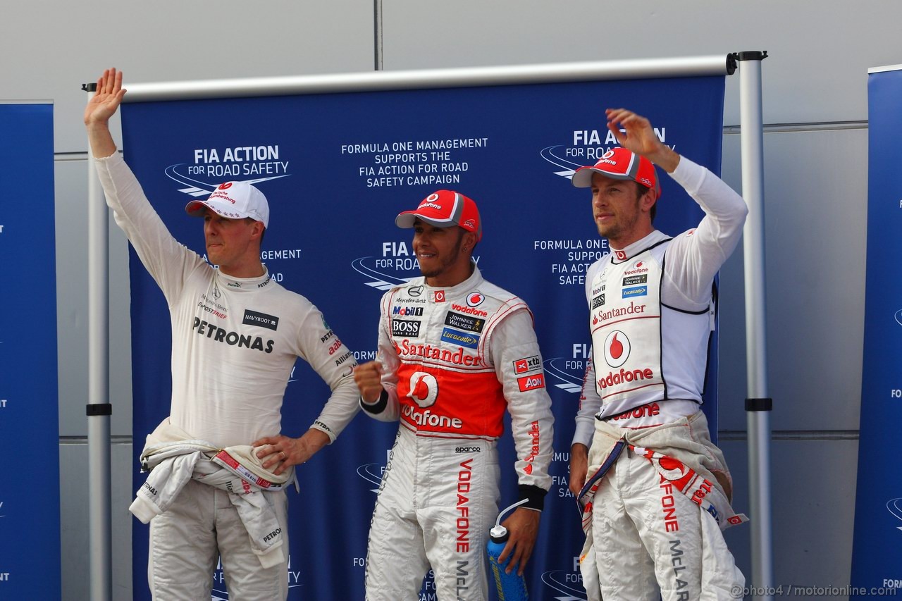 GP MALESIA, 24.03.2012- Qualifiche, Lewis Hamilton (GBR) McLaren Mercedes MP4-27 pole position, Jenson Button (GBR) McLaren Mercedes MP4-27 secondo e Michael Schumacher (GER) Mercedes AMG F1 W03 terzo 