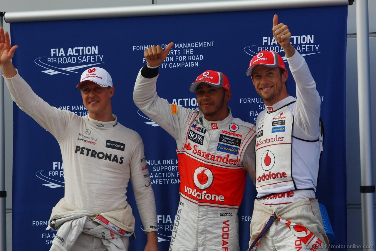 GP MALESIA, 24.03.2012- Qualifiche, Lewis Hamilton (GBR) McLaren Mercedes MP4-27 pole position, Jenson Button (GBR) McLaren Mercedes MP4-27 secondo e Michael Schumacher (GER) Mercedes AMG F1 W03 terzo 