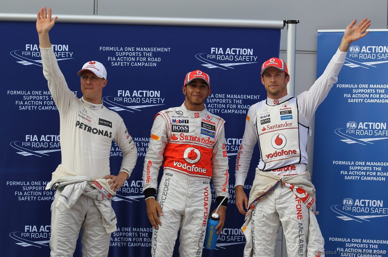 GP MALESIA, 24.03.2012- Qualifiche, Lewis Hamilton (GBR) McLaren Mercedes MP4-27 pole position, Jenson Button (GBR) McLaren Mercedes MP4-27 secondo e Michael Schumacher (GER) Mercedes AMG F1 W03 terzo 