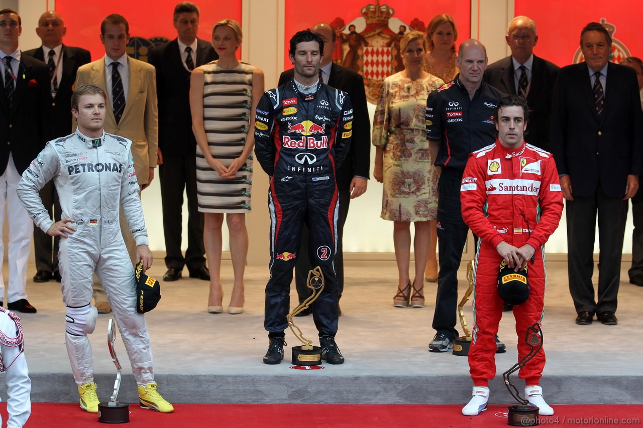 GP MONACO, 27.05.2012- Gara, Mark Webber (AUS) Red Bull Racing RB8 vincitore, secondo Nico Rosberg (GER) Mercedes AMG F1 W03, terzo Fernando Alonso (ESP) Ferrari F2012 