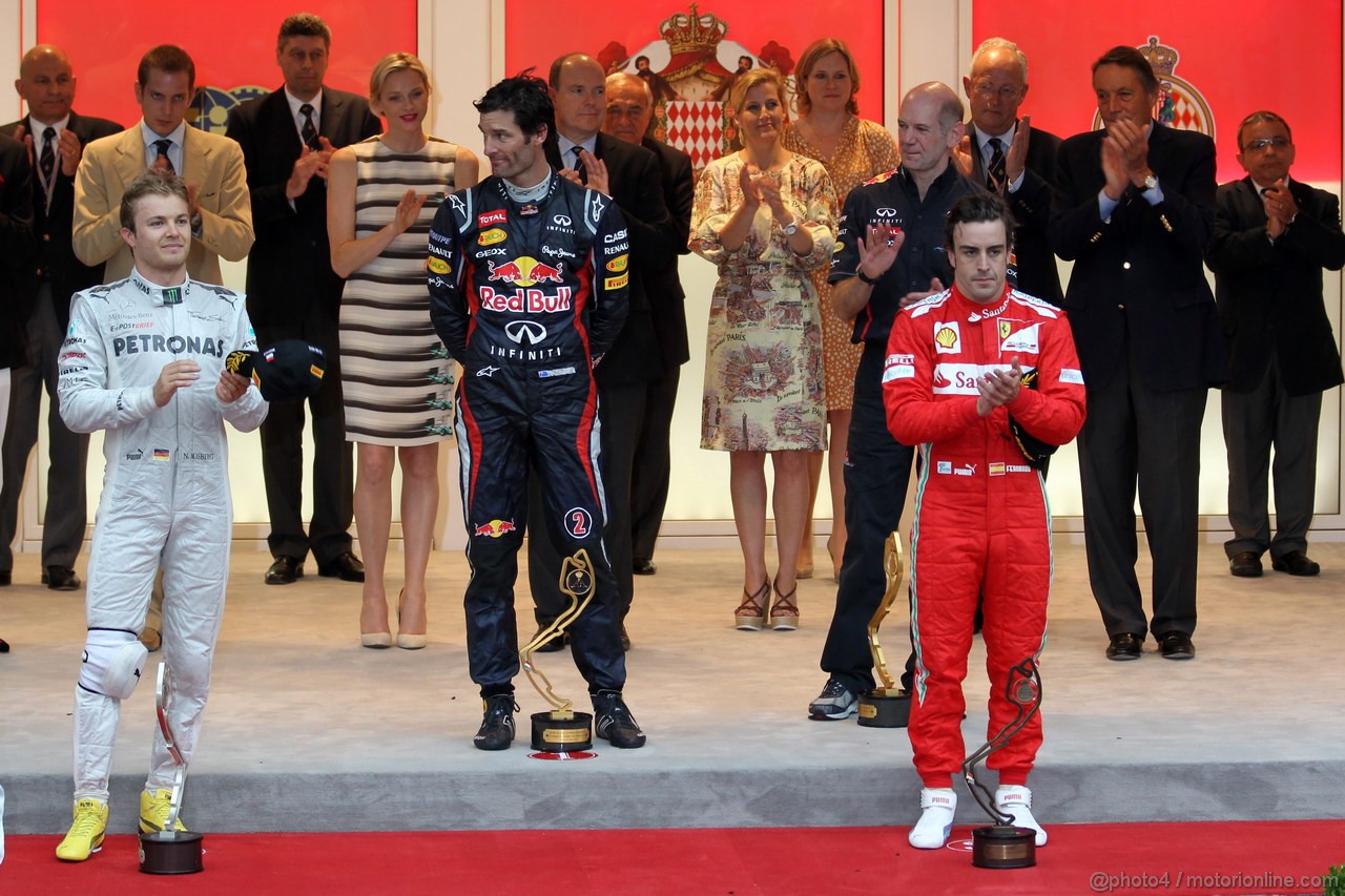 GP MONACO, 27.05.2012- Gara, Mark Webber (AUS) Red Bull Racing RB8 vincitore, secondo Nico Rosberg (GER) Mercedes AMG F1 W03, terzo Fernando Alonso (ESP) Ferrari F2012 