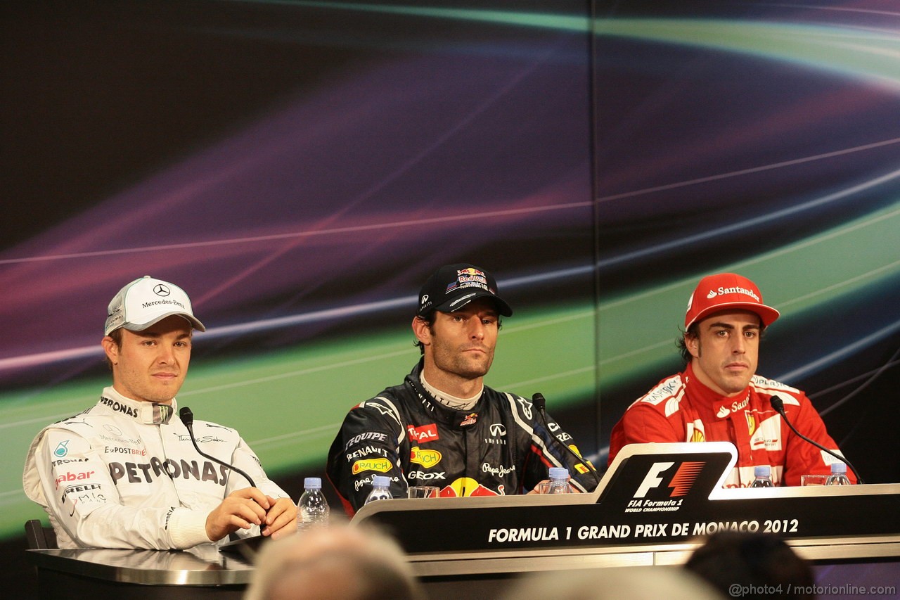 GP MONACO, 27.05.2012- Gara, Conferenza Stampa, Nico Rosberg (GER) Mercedes AMG F1 W03, Mark Webber (AUS) Red Bull Racing RB8 e Fernando Alonso (ESP) Ferrari F2012 