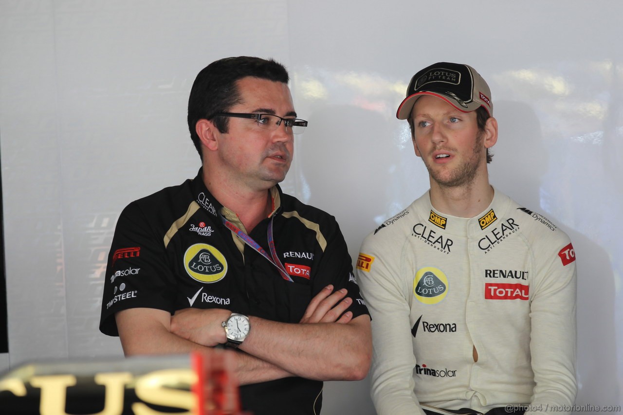GP MONACO, 24.05.2012- Prove Libere 1, Eric Boullier (FRA), Team Manager, Lotus F1 Team e Romain Grosjean (FRA) Lotus F1 Team E20 
