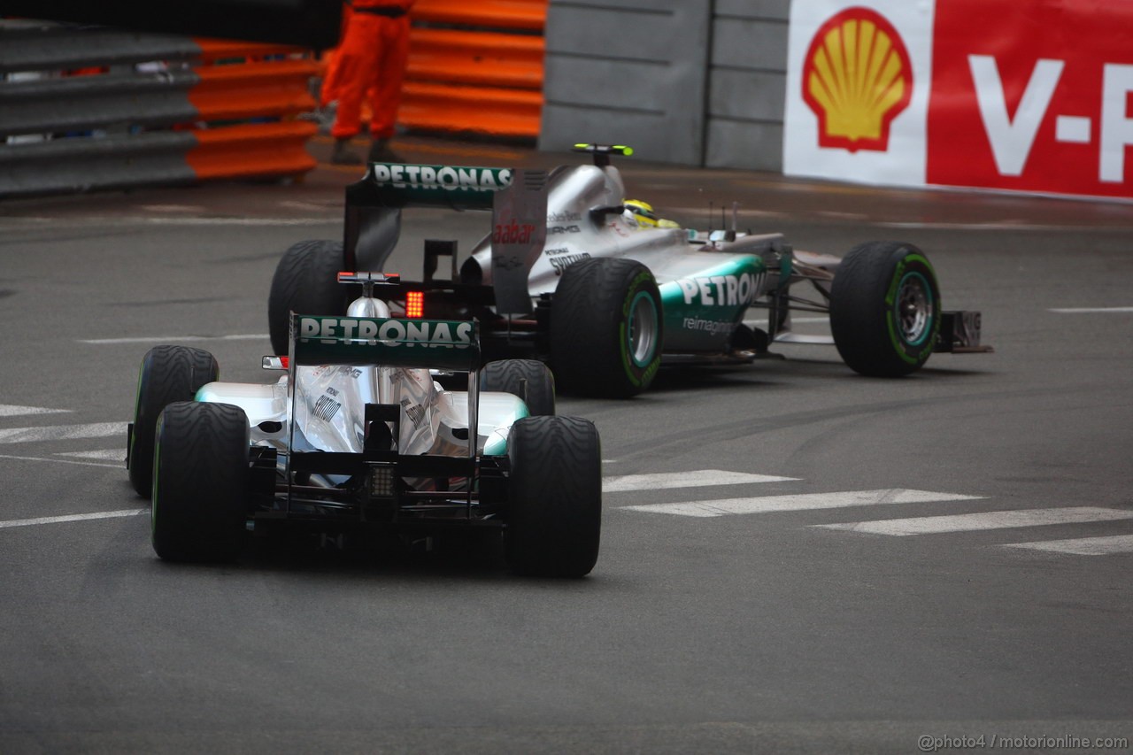 GP MONACO, 24.05.2012- Prove Libere 2, Michael Schumacher (GER) Mercedes AMG F1 W03 e Nico Rosberg (GER) Mercedes AMG F1 W03 
