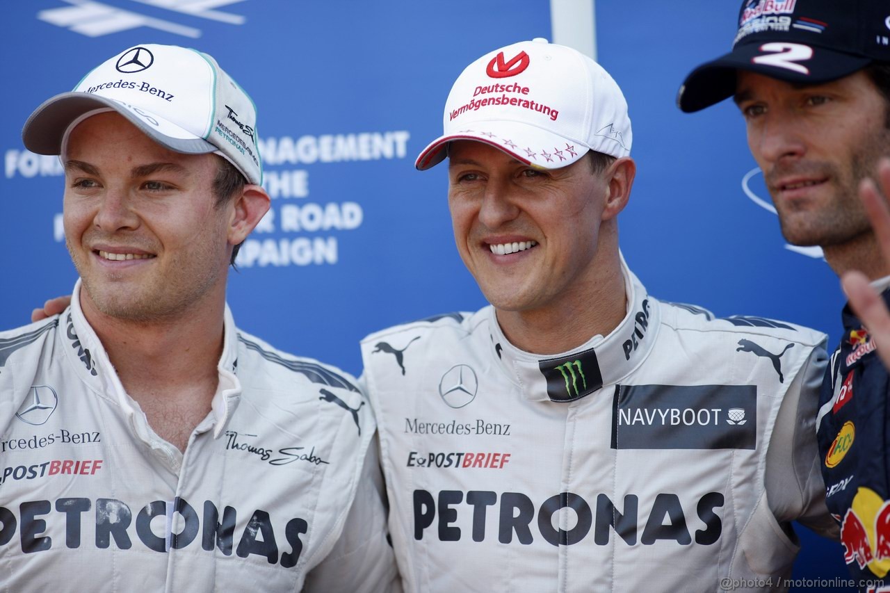 GP MONACO, 26.05.2012-  Qualifiche, Michael Schumacher (GER) Mercedes AMG F1 W03 pole position, secondo Mark Webber (AUS) Red Bull Racing RB8 e terzo Nico Rosberg (GER) Mercedes AMG F1 W03 