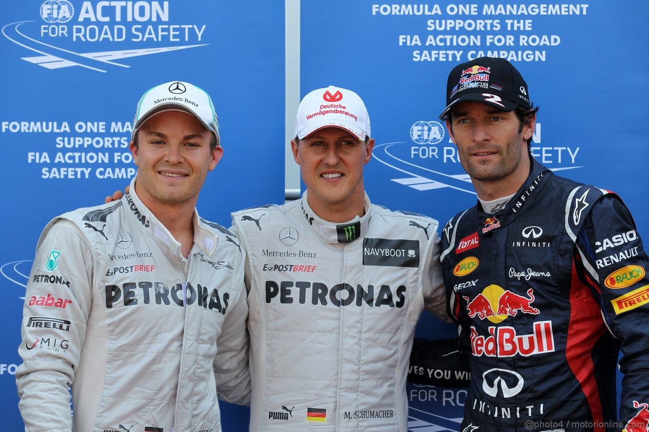 GP MONACO, 26.05.2012-  Qualifiche, terzo Nico Rosberg (GER) Mercedes AMG F1 W03,Michael Schumacher (GER) Mercedes AMG F1 W03 vincitore e secondo Mark Webber (AUS) Red Bull Racing RB8