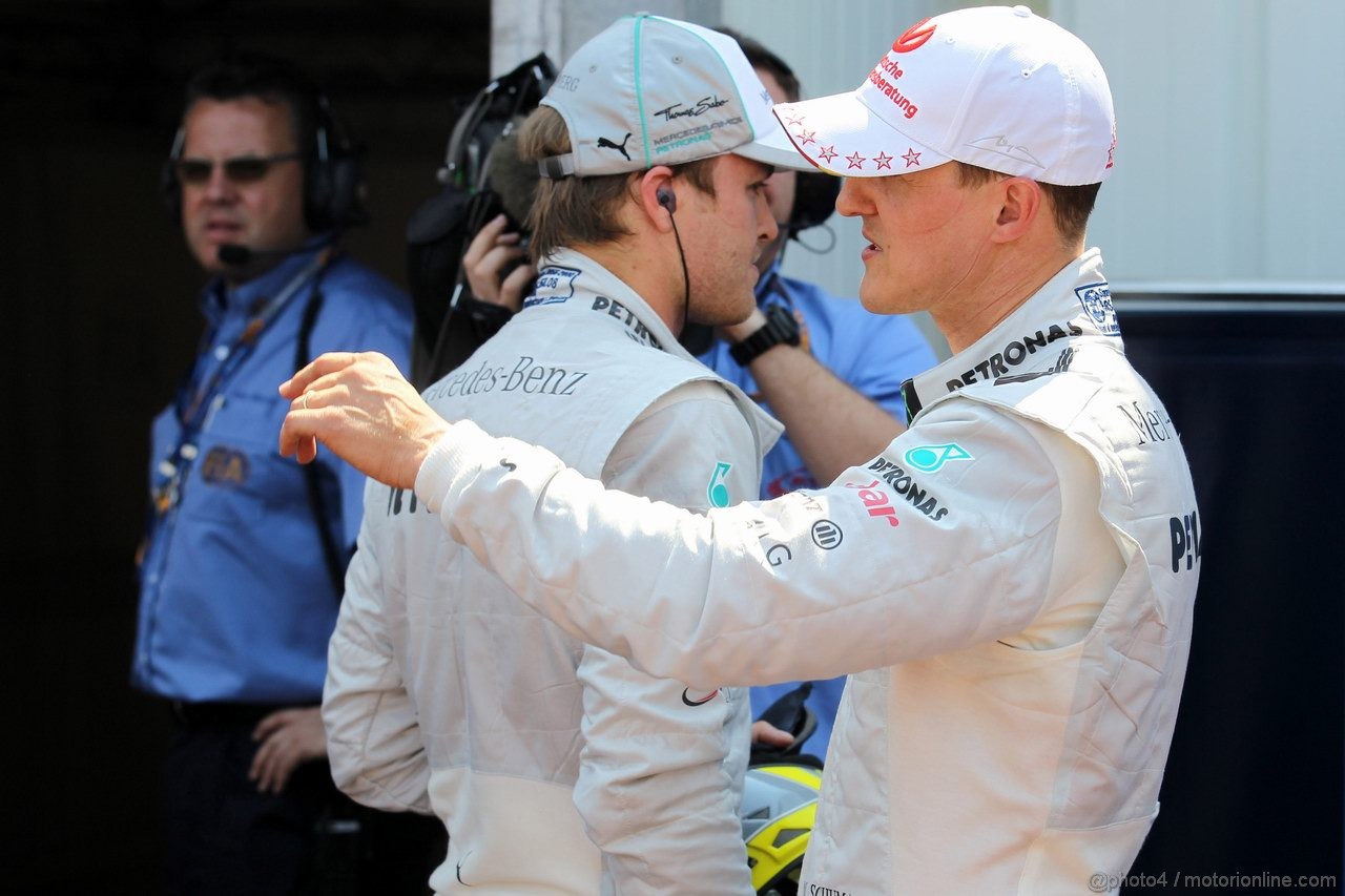 GP MONACO, 26.05.2012-  Qualifiche, Nico Rosberg (GER) Mercedes AMG F1 W03 e Michael Schumacher (GER) Mercedes AMG F1 W03 