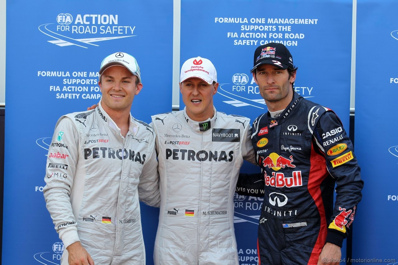 GP MONACO, 26.05.2012-  Qualifiche, terzo Nico Rosberg (GER) Mercedes AMG F1 W03,Michael Schumacher (GER) Mercedes AMG F1 W03 vincitore e secondo Mark Webber (AUS) Red Bull Racing RB8