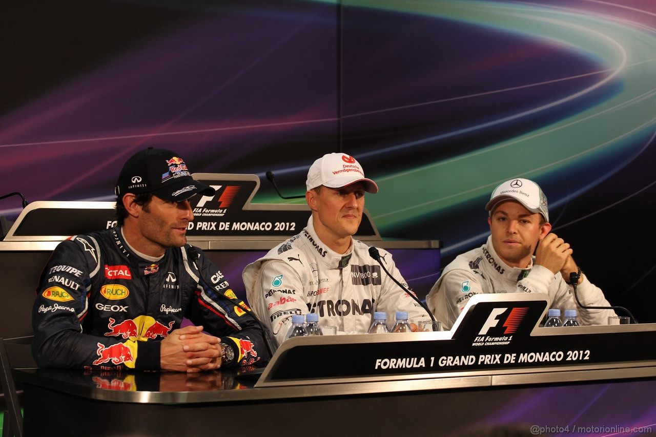 GP MONACO, 26.05.2012-  Qualifiche, Conferenza Stampa, Mark Webber (AUS) Red Bull Racing RB8, Michael Schumacher (GER) Mercedes AMG F1 W03 e Nico Rosberg (GER) Mercedes AMG F1 W03 