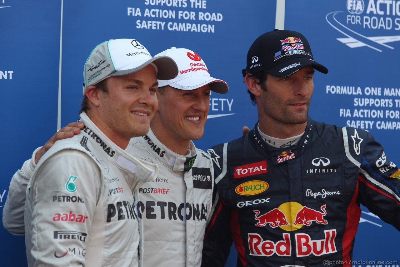 GP MONACO, 26.05.2012-  Qualifiche, Michael Schumacher (GER) Mercedes AMG F1 W03 pole position, secondo Mark Webber (AUS) Red Bull Racing RB8 e terzo Nico Rosberg (GER) Mercedes AMG F1 W03 