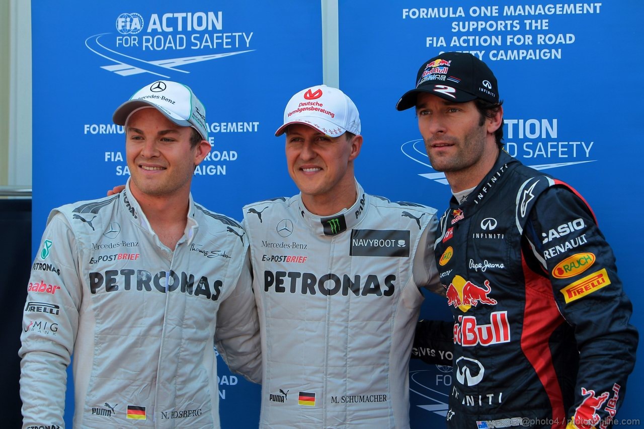GP MONACO, 26.05.2012-  Qualifiche, Michael Schumacher (GER) Mercedes AMG F1 W03 pole position, secondo Mark Webber (AUS) Red Bull Racing RB8 e terzo Nico Rosberg (GER) Mercedes AMG F1 W03 