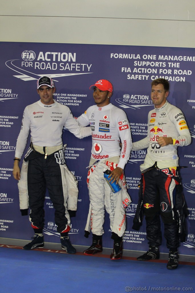 GP SINGAPORE, 22.09.2012 - Qualyfing celebration: pole position Lewis Hamilton (GBR) McLaren Mercedes MP4-27, 2nd Pastor Maldonado (VEN), Williams F1 Team FW34, 3rd Sebastian Vettel (GER) Red Bull Racing RB8