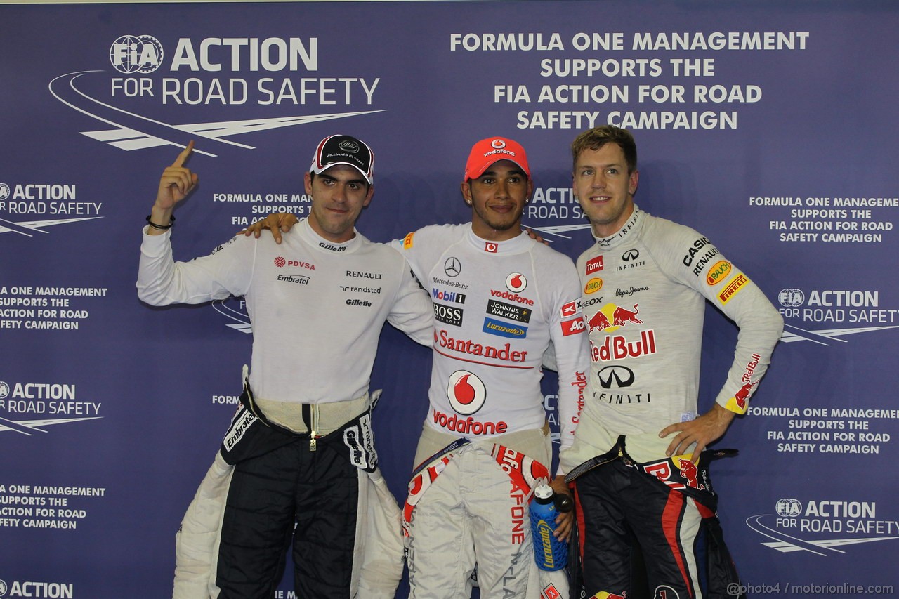 GP SINGAPORE, 22.09.2012 - Qualyfing celebration: pole position Lewis Hamilton (GBR) McLaren Mercedes MP4-27, 2nd Pastor Maldonado (VEN), Williams F1 Team FW34, 3rd Sebastian Vettel (GER) Red Bull Racing RB8