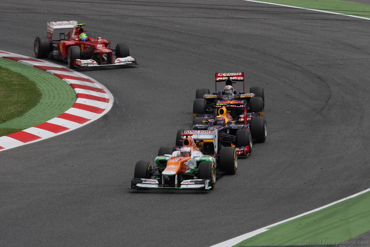 GP SPAGNA, 13.05.2012- Gara, Paul di Resta (GBR) Sahara Force India F1 Team VJM05, Mark Webber (AUS) Red Bull Racing RB8 e Jean-Eric Vergne (FRA) Scuderia Toro Rosso STR7 