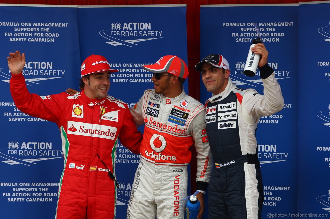 GP SPAGNA, 12.05.2012- Qualifiche, Lewis Hamilton (GBR) McLaren Mercedes MP4-27 pole position, secondo Pastor Maldonado (VEN) Williams F1 Team FW34 e terzo Fernando Alonso (ESP) Ferrari F2012 