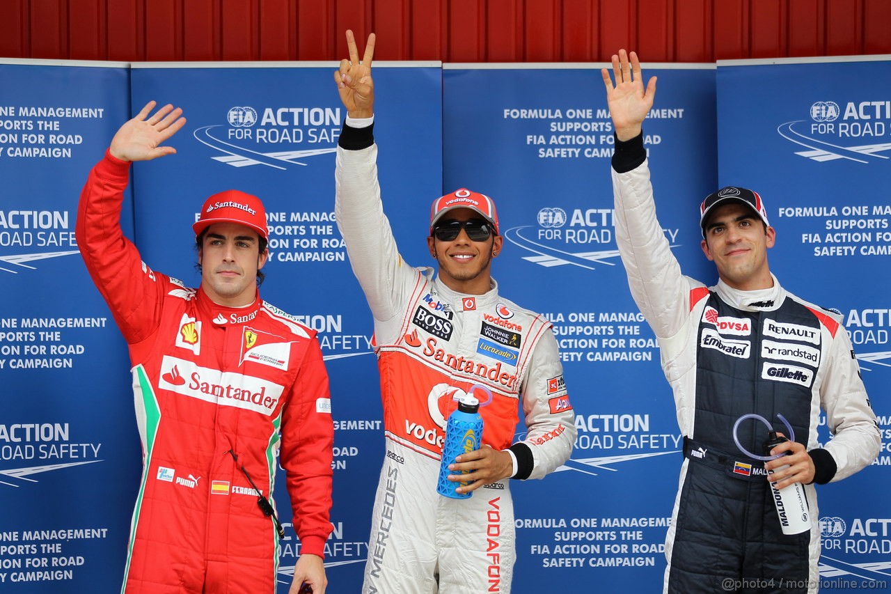 GP SPAGNA, 12.05.2012- Qualifiche, Lewis Hamilton (GBR) McLaren Mercedes MP4-27 pole position, secondo Pastor Maldonado (VEN) Williams F1 Team FW34 e terzo Fernando Alonso (ESP) Ferrari F2012