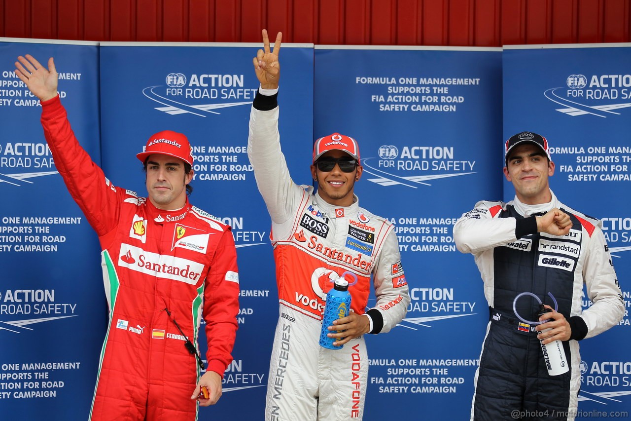 GP SPAGNA, 12.05.2012- Qualifiche, Lewis Hamilton (GBR) McLaren Mercedes MP4-27 pole position, secondo Pastor Maldonado (VEN) Williams F1 Team FW34 e terzo Fernando Alonso (ESP) Ferrari F2012