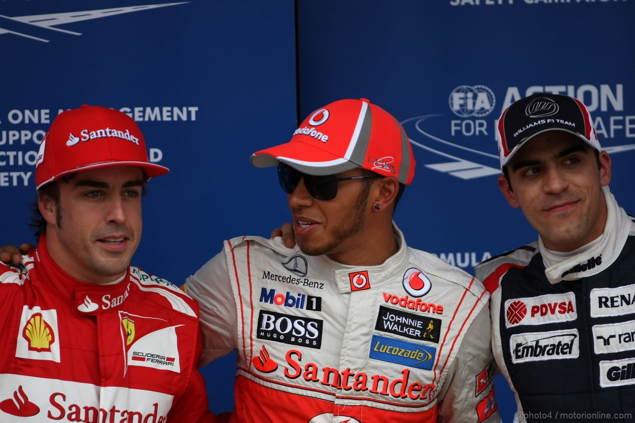 GP SPAGNA, 12.05.2012- Qualifiche, Lewis Hamilton (GBR) McLaren Mercedes MP4-27 pole position, secondo Pastor Maldonado (VEN) Williams F1 Team FW34 e terzo Fernando Alonso (ESP) Ferrari F2012