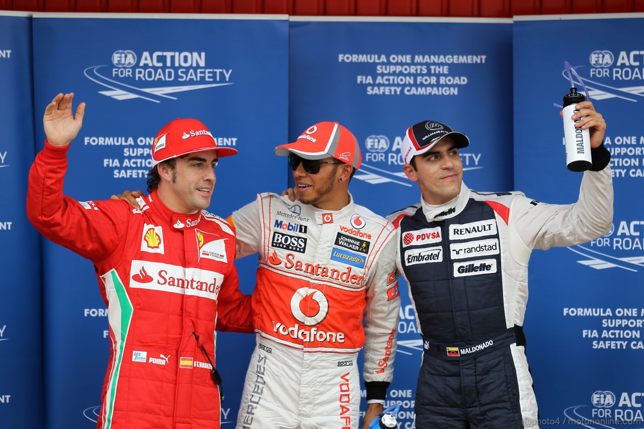 GP SPAGNA, 12.05.2012- Qualifiche, Lewis Hamilton (GBR) McLaren Mercedes MP4-27 pole position, secondo Pastor Maldonado (VEN) Williams F1 Team FW34 e terzo Fernando Alonso (ESP) Ferrari F2012