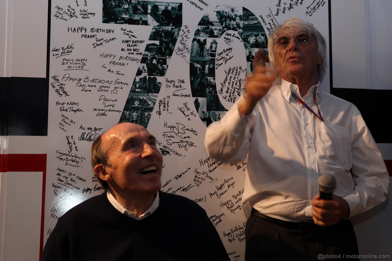 GP SPAGNA, 12.05.2012- Sir Frank Williams(gbr),Team Principal Williams F1 Team celebrates his 70th birthday with Bernie Ecclestone (GBR), President e CEO of Formula One Management  