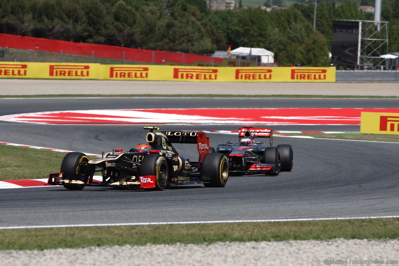 GP SPAGNA, 11.05.2012- Prove Libere 2, Romain Grosjean (FRA) Lotus F1 Team E20 e Jenson Button (GBR) McLaren Mercedes MP4-27 