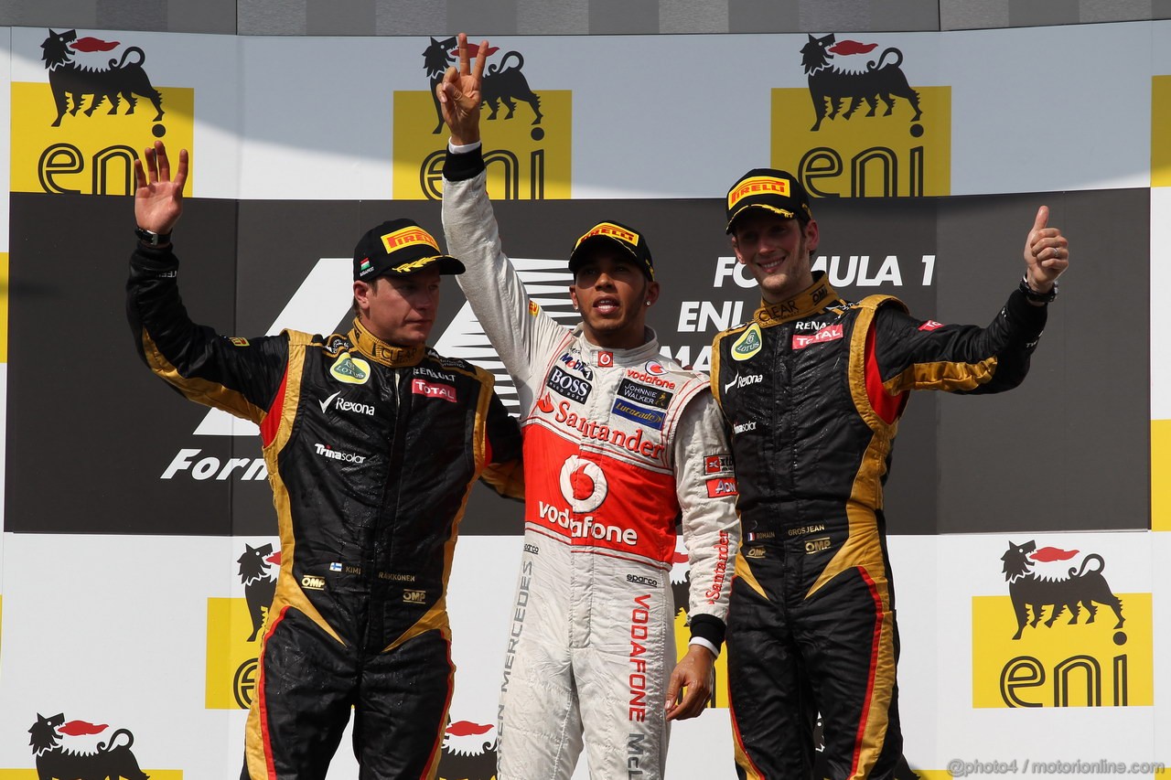 GP UNGHERIA, 29.07.2012- Gara, Lewis Hamilton (GBR) McLaren Mercedes MP4-27 vincitore, secondo Kimi Raikkonen (FIN) Lotus F1 Team E20 e terzo Romain Grosjean (FRA) Lotus F1 Team E20