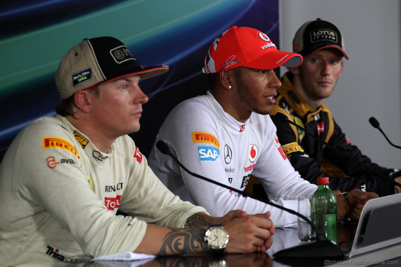 GP UNGHERIA, 29.07.2012- Gara, Conferenza Stampa, Kimi Raikkonen (FIN) Lotus F1 Team E20, Lewis Hamilton (GBR) McLaren Mercedes MP4-27 e Romain Grosjean (FRA) Lotus F1 Team E20 