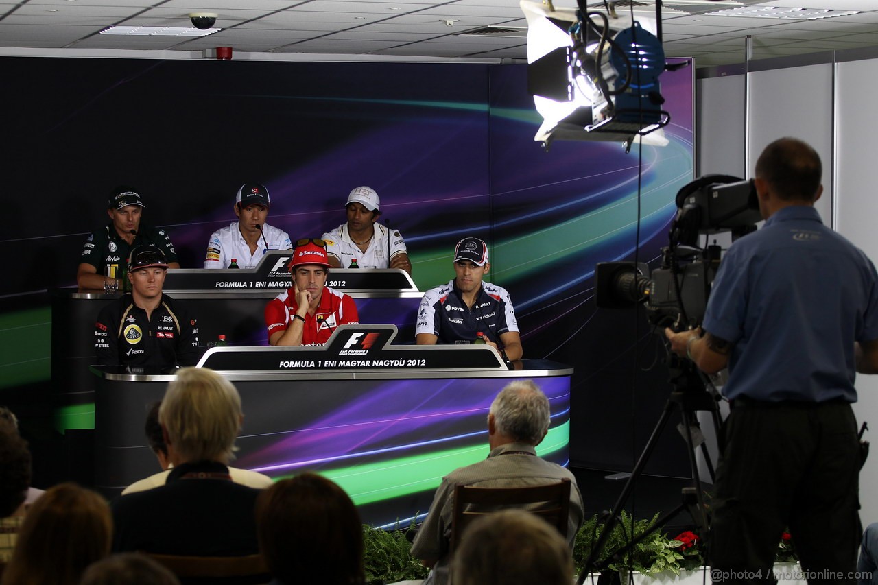 GP UNGHERIA, 26.07.2012- Conferenza Stampa, Kimi Raikkonen (FIN) Lotus F1 Team E20, Fernando Alonso (ESP) Ferrari F2012, Pastor Maldonado (VEN) Williams F1 Team FW34, Heikki Kovalainen (FIN) Caterham F1 Team CT01, Kamui Kobayashi (JAP) Sauber F1 Team C31 e Narain Karthikeyan (IND) HRT Formula 1 Team F112 