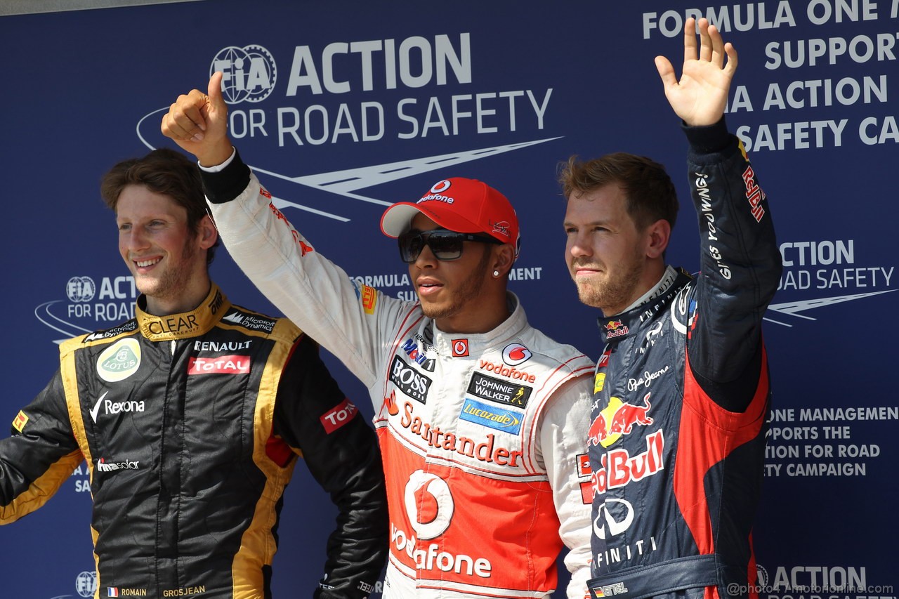 GP UNGHERIA, 28.07.2012- Qualifiche, secondo Romain Grosjean (FRA) Lotus F1 Team E20, Lewis Hamilton (GBR) McLaren Mercedes MP4-27 pole position e terzo Sebastian Vettel (GER) Red Bull Racing RB8 