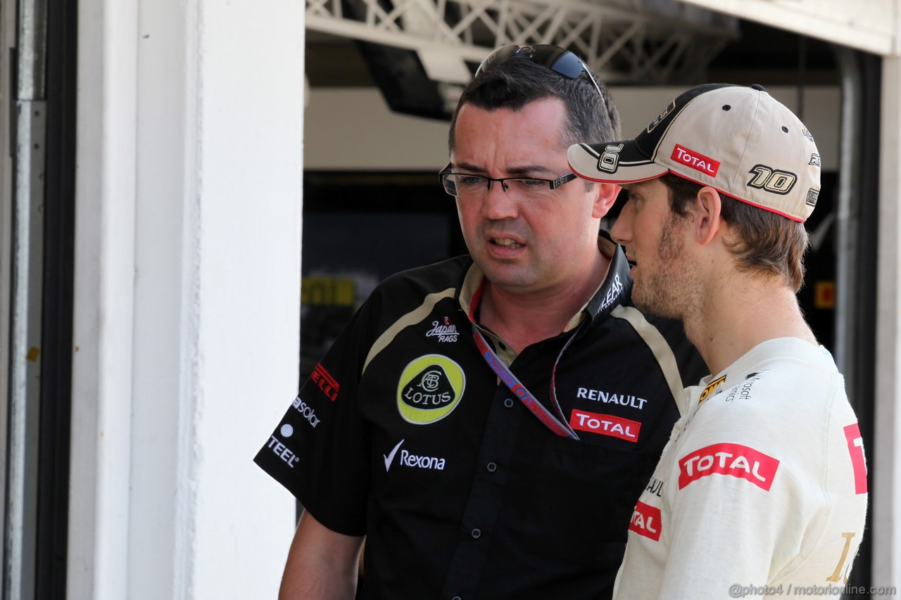 GP UNGHERIA, 27.07.2012- Prove Libere 1, Eric Boullier (FRA), Team Manager, Lotus F1 Team e Romain Grosjean (FRA) Lotus F1 Team E20 