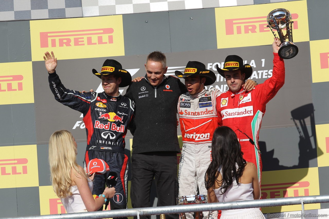 GP USA, 18.11.2012 - Podium, winner Lewis Hamilton (GBR) McLaren Mercedes MP4-27, 2nd Sebastian Vettel (GER) Red Bull Racing RB8, 3rd Fernando Alonso (ESP) Ferrari F2012 e Paddy Lowe (GBR) McLaren Engineering Director