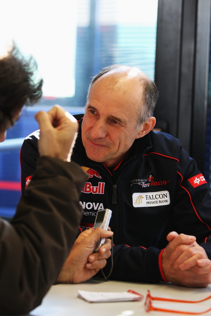 Jerez Test Febbraio 2012, JEREZ DE LA FRONTERA, SPAIN - FEBRUARY 07:  Scuderia Toro Rosso Team Principal Franz Tost is interviewed by the media during Formula One winter testing at the Circuito de Jerez on February 7, 2012 in Jerez de la Frontera, Spain.  (Photo by Ker Robertson/Getty Images)