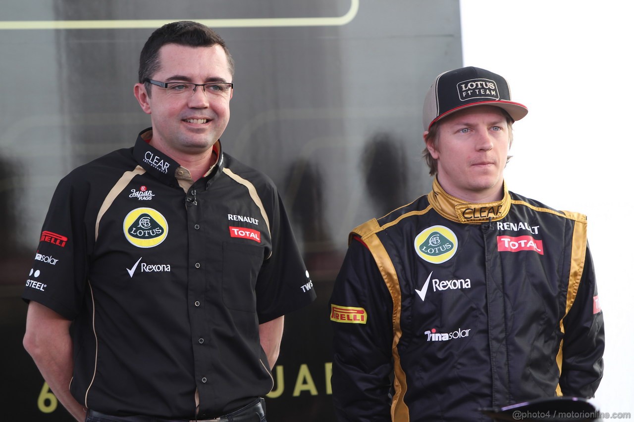 Lotus E20, 
Eric Boullier (FRA), Team Principal, Lotus Renault GP with Kimi Raikkonen, Lotus Renault F1 Team  - Lotus F1 Team E20 Launch 