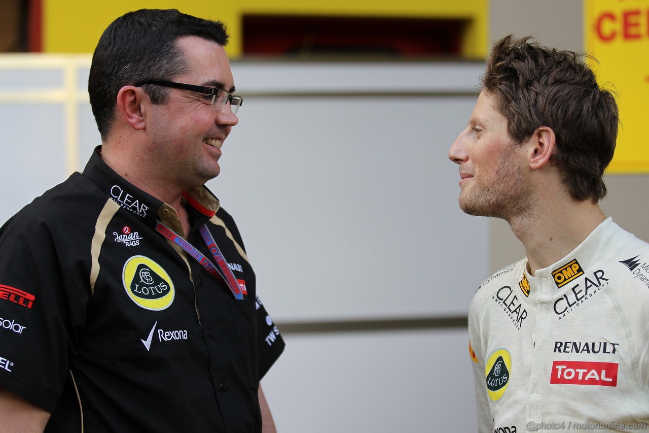 Mugello Test Maggio 2012, Eric Boullier (FRA) Lotus F1 Team Principal e Romain Grosjean (FRA), Lotus Renault F1 Team 
02.05.2012. Formula 1 World Championship, Testing, Mugello, Italy 
