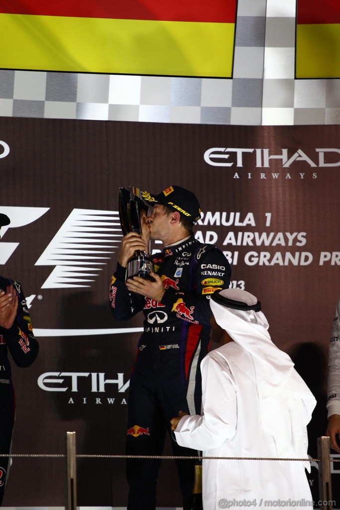 GP ABU DHABI, 03.11.2013- The Podium, winner Sebastian Vettel (GER) Red Bull Racing RB9, 2nd Mark Webber (AUS) Red Bull Racing RB9, 3rd Nico Rosberg (GER) Mercedes AMG F1 W04