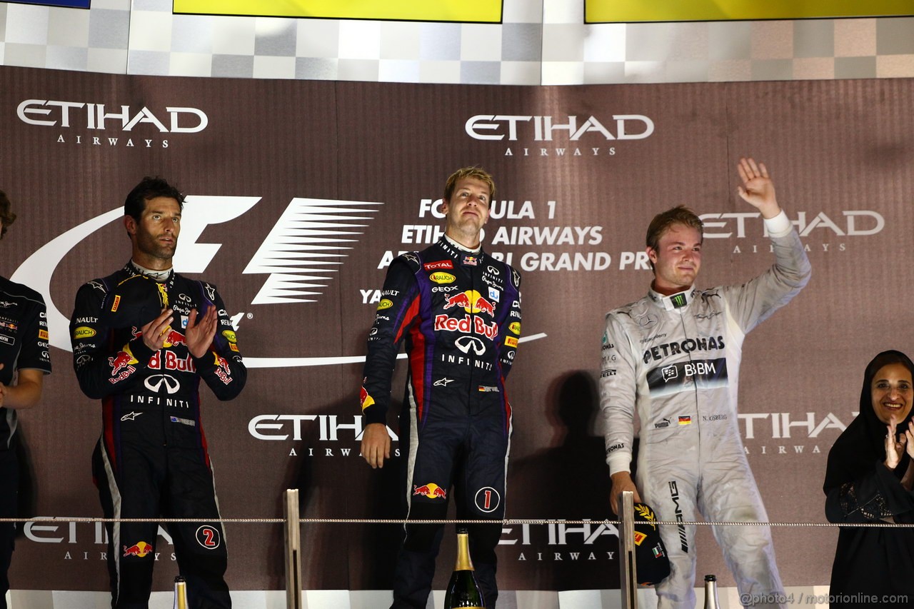 GP ABU DHABI, 03.11.2013- The Podium, winner Sebastian Vettel (GER) Red Bull Racing RB9, 2nd Mark Webber (AUS) Red Bull Racing RB9, 3rd Nico Rosberg (GER) Mercedes AMG F1 W04